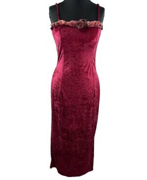 VINTAGE Lorrie Kabala Red Victorian Straight Velvet Velour Rose Maxi Dress 8